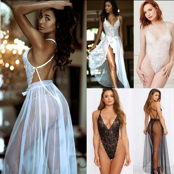 lace bodysuit sexy nightgown lingerie Other - Lace Bodysuit & Mesh Maxi Skirt Cover Up Deep V